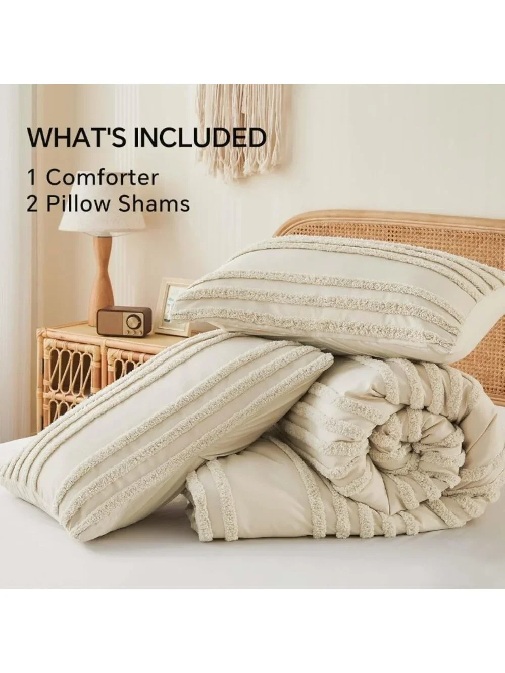 Boho Queen Comforter Set - Beige Tufted 3-Piece Lightweight Bedding & Pillow